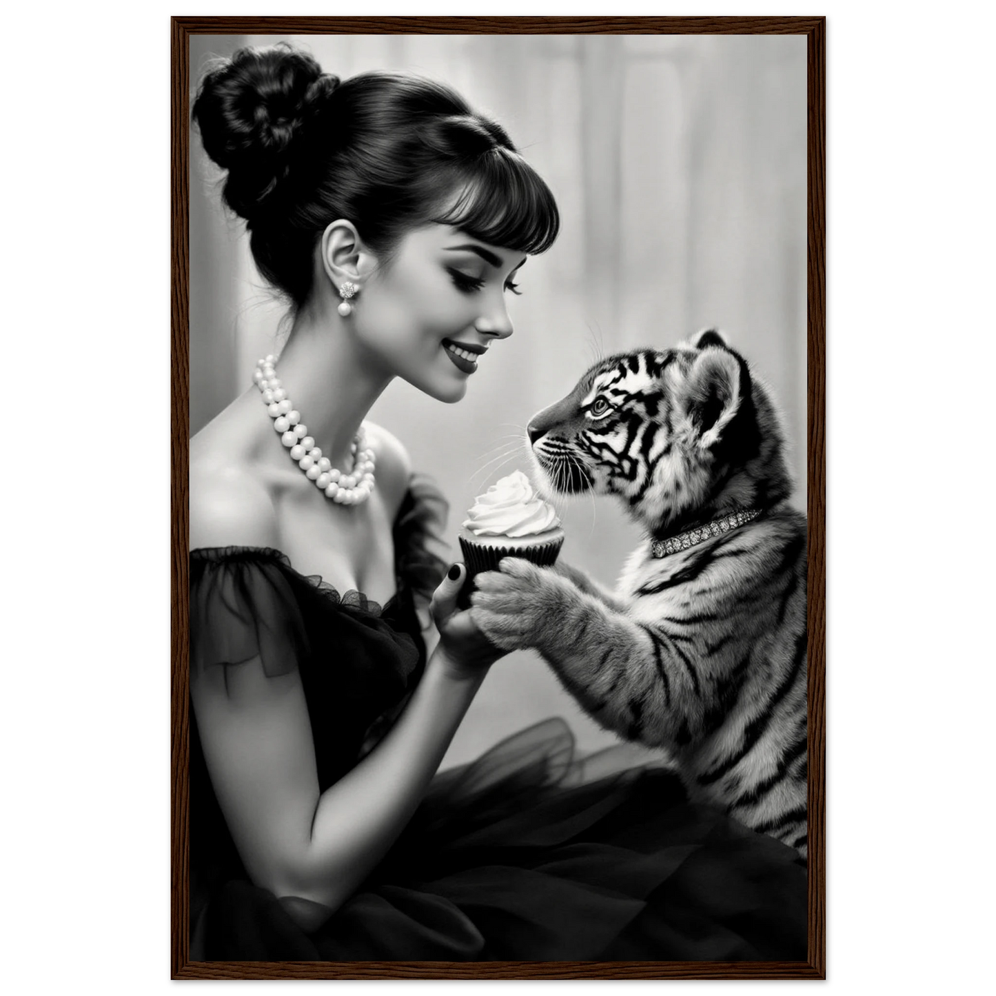 Audrey Hepburn Tiger Cub Art Print Dark Brown Wood Frame 40x60 cm 16x24″ Museum-Quality Matte Paper Wooden Framed Poster