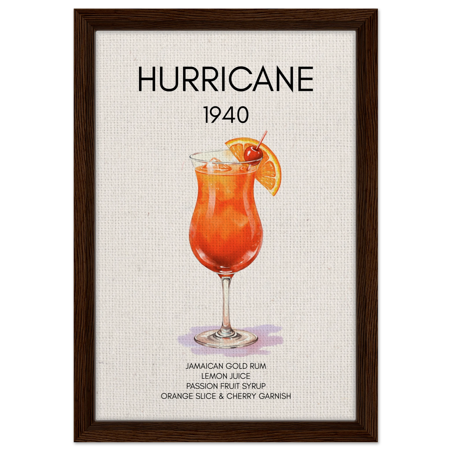 Hurricane Cocktail Bar Poster Print Dark Brown Wood Frame 30x45 cm 12x18″ Framed Canvas