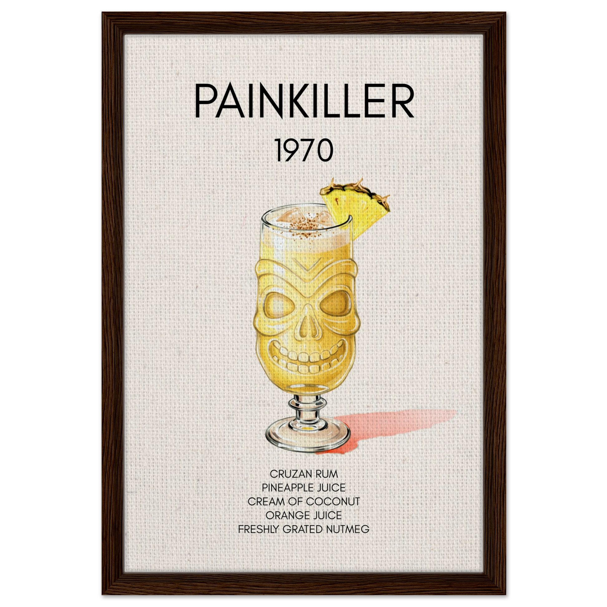 Painkiller Cocktail Bar Art Tiki Print Dark Brown Wood Frame 40x60 cm 16x24″ Framed Canvas