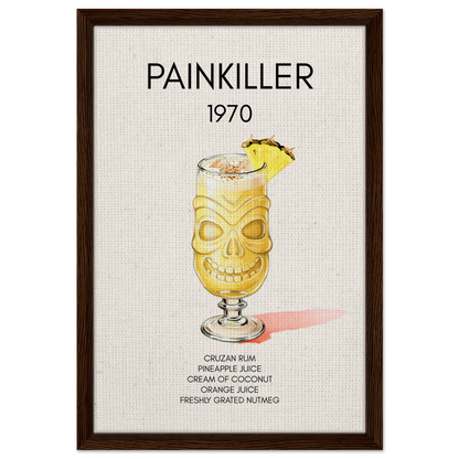 Painkiller Cocktail Bar Art Tiki Print Dark Brown Wood Frame 40x60 cm 16x24″ Framed Canvas