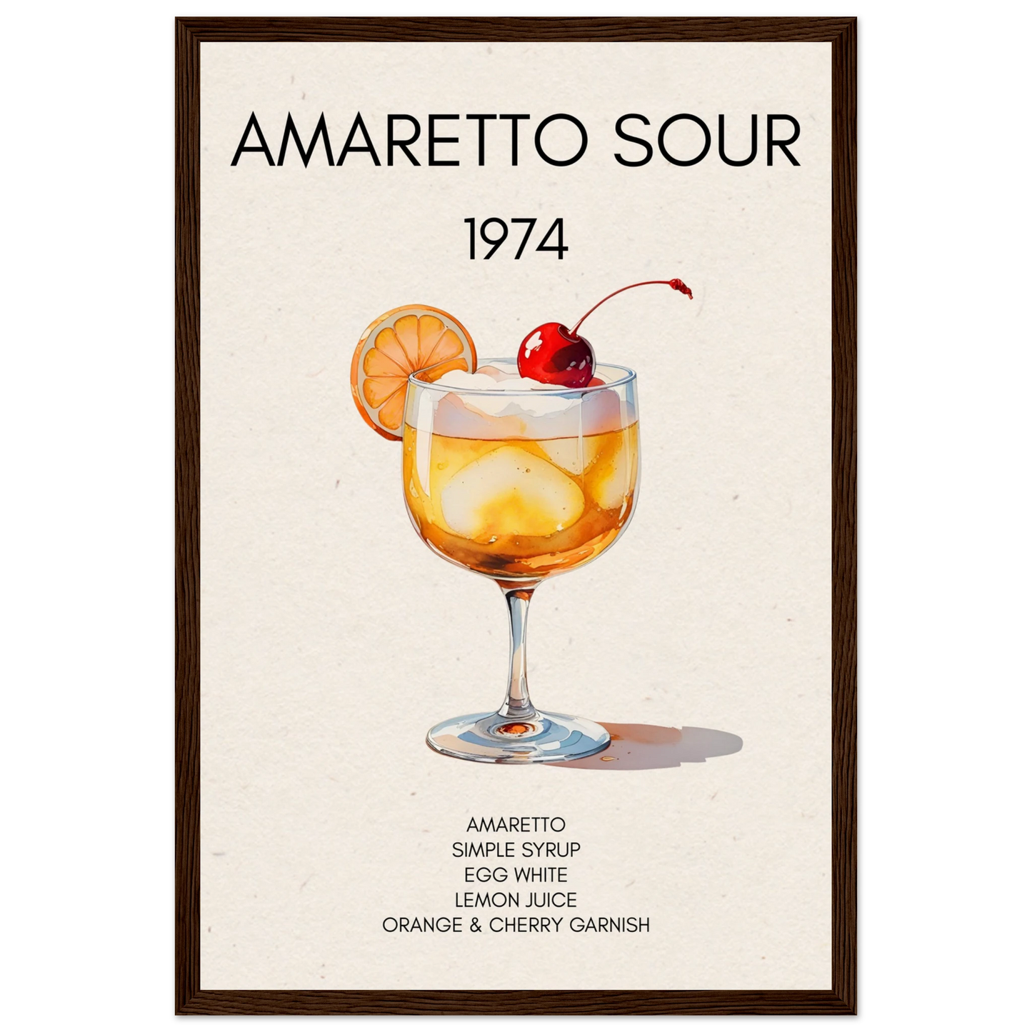 Amaretto Sour Cocktail Bar Art Print Dark Brown Wood Frame 30x45 cm 12x18″ Museum-Quality Matte Paper Wooden Framed Poster