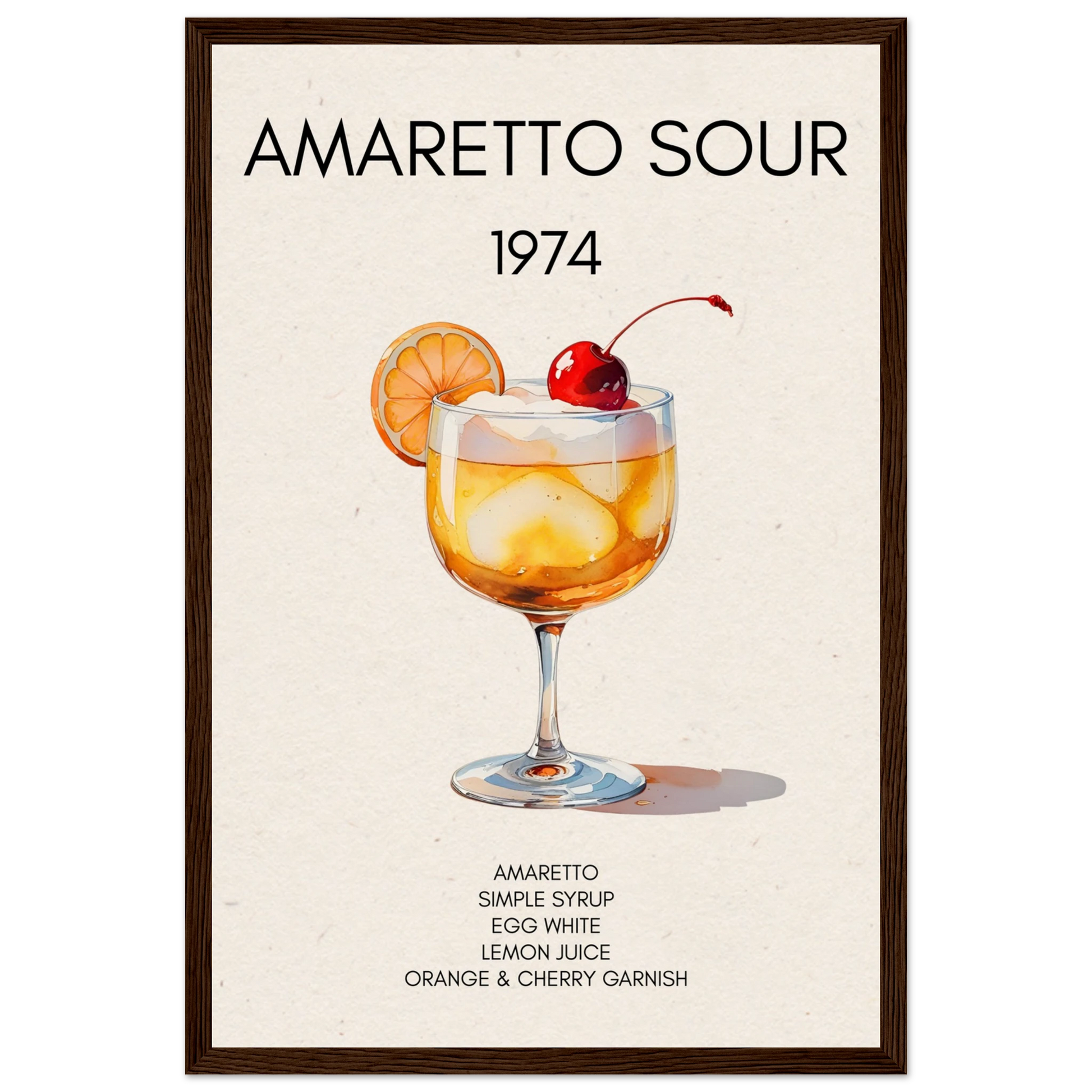 Amaretto Sour Cocktail Bar Art Print Dark Brown Wood Frame 30x45 cm 12x18″ Museum-Quality Matte Paper Wooden Framed Poster