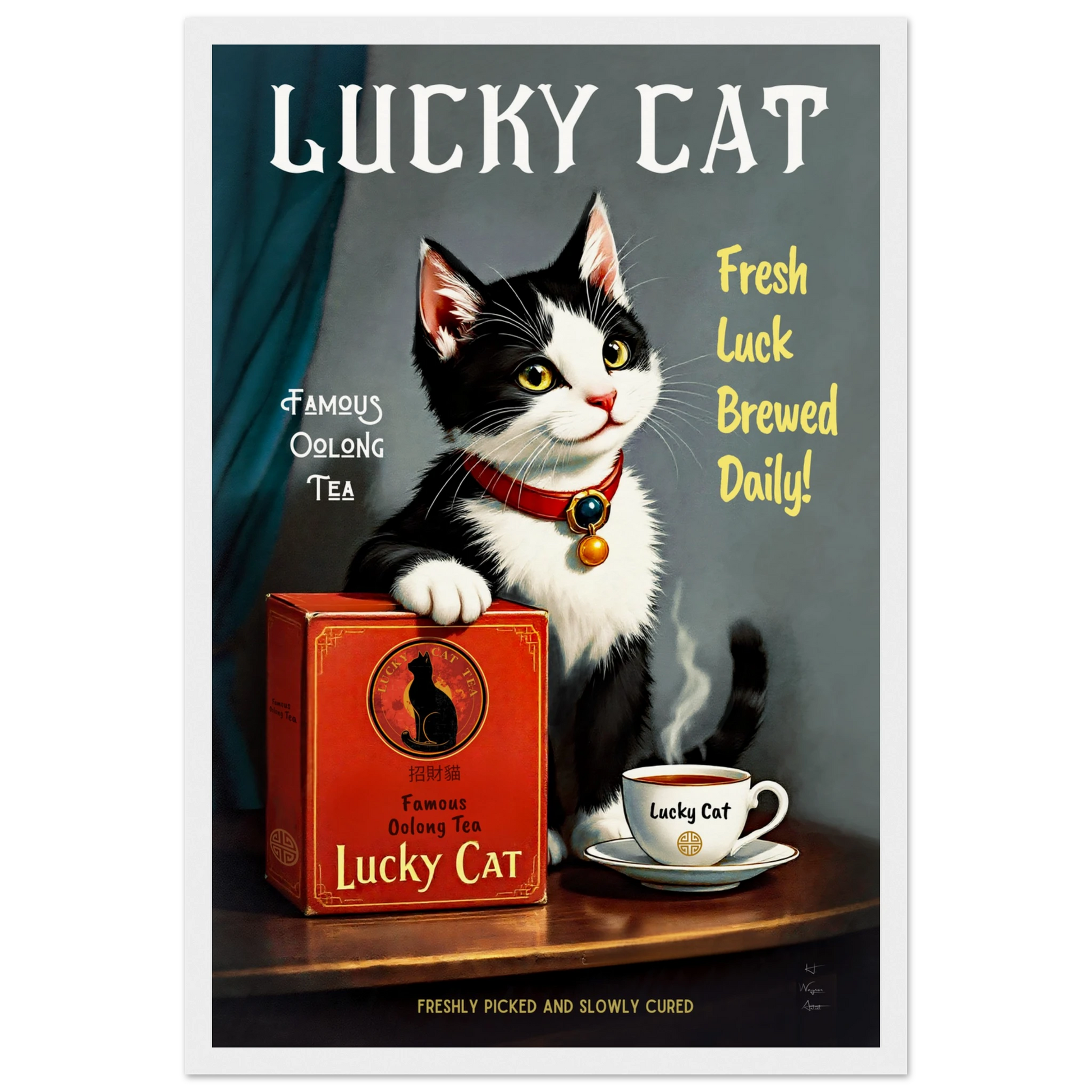 Lucky Tuxedo Cat Tea Kitchen Art Print 30x45 cm 12x18″ Museum-Quality Matte Framed Poster White Wood Frame
