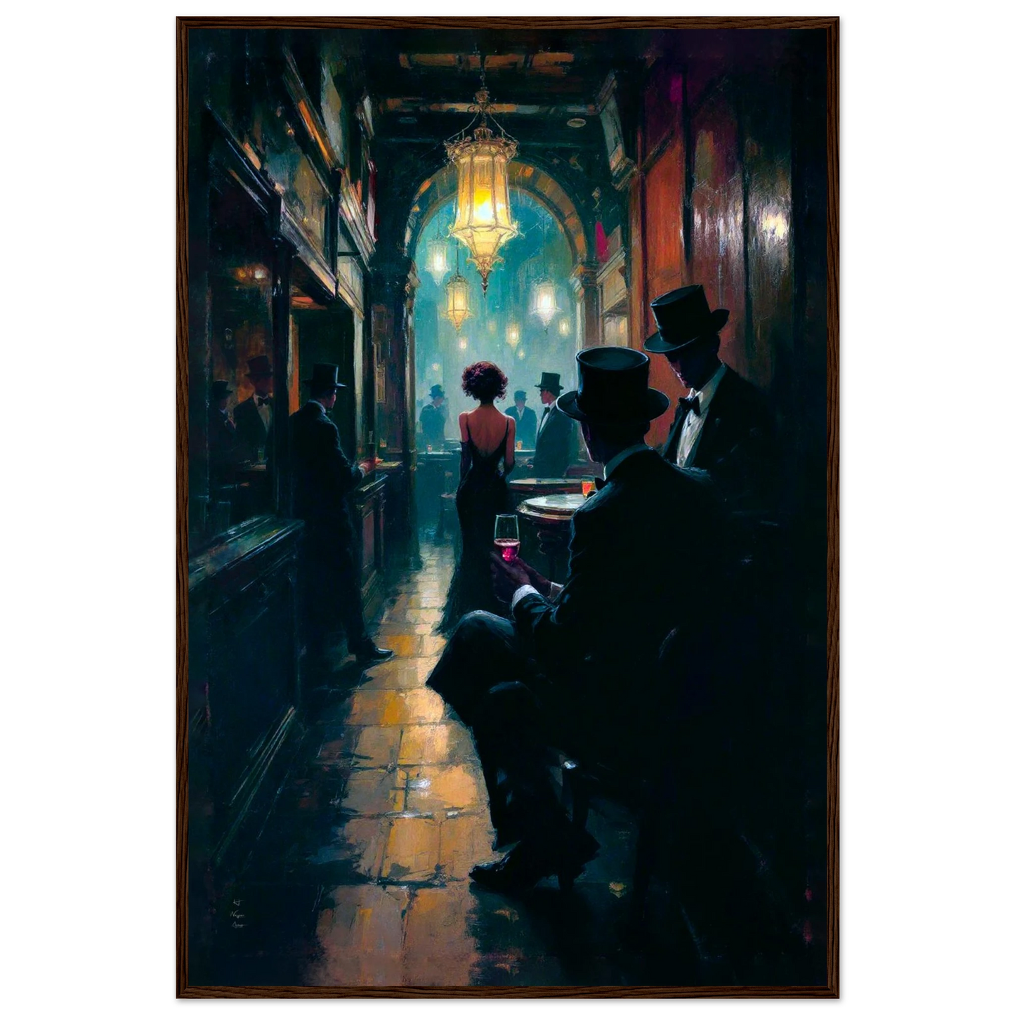 Prohibition Speakeasy Art Deco Print Dark Brown Wood Frame 60x90 cm 24x36″ Premium Matte Framed Poster