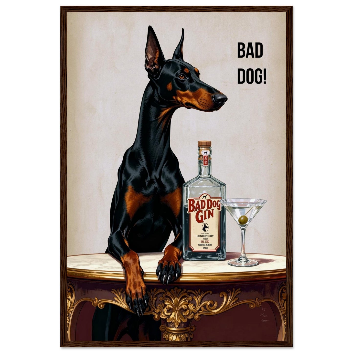 Bad Dog Gin Cocktail Bar Art Print 40x60 cm 16x24″ Museum-Quality Matte Framed Poster Dark Brown Wood Frame