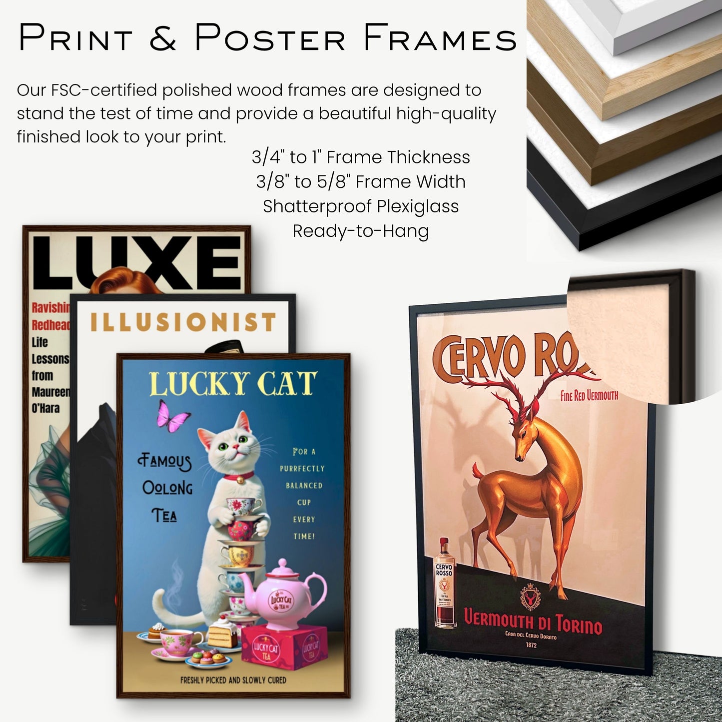 White Lucky Cat Tea Vintage Fine Art Print Light Wood Frame 30x45 cm 12x18″ Classic Matte Paper Wooden Framed Poster
