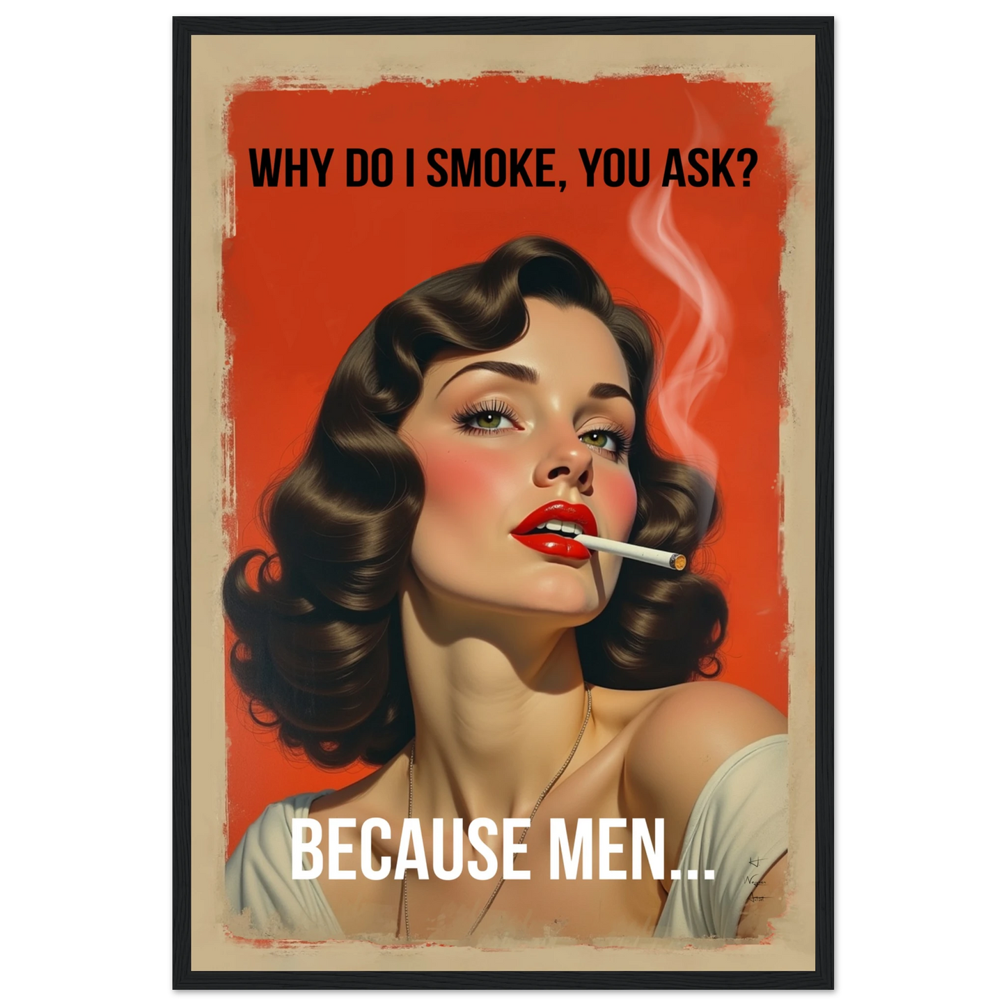 Retro Smoking Pin-Up Girl Art Print Black Wood Frame 40x60 cm 16x24″ Premium Matte Paper Wooden Framed Poster