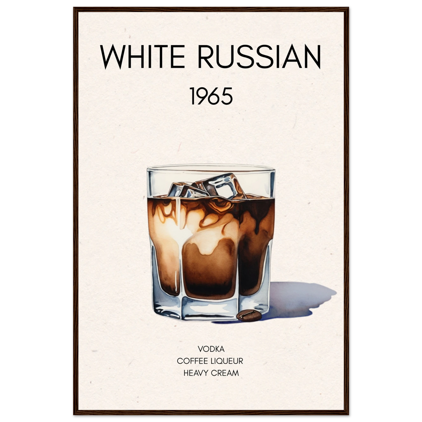 White Russian Cocktail Bar Art Poster Print Dark Brown Wood Frame 60x90 cm 24x36″ Classic Matte Paper Wooden Framed Poster