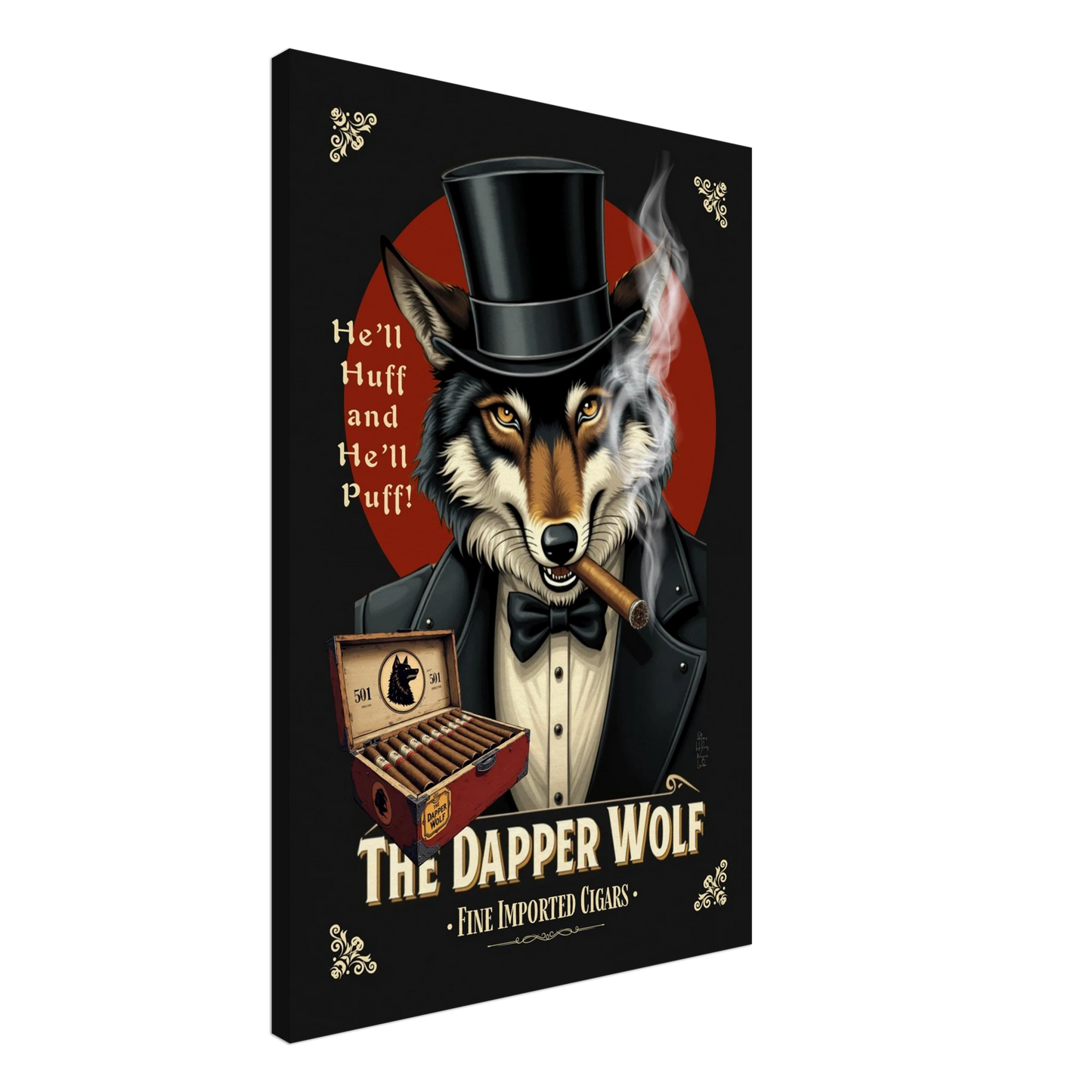 Smoking Wolf Retro Cigar Art Print 60x90 cm 24x36″ Gallery Wrapped Canvas -