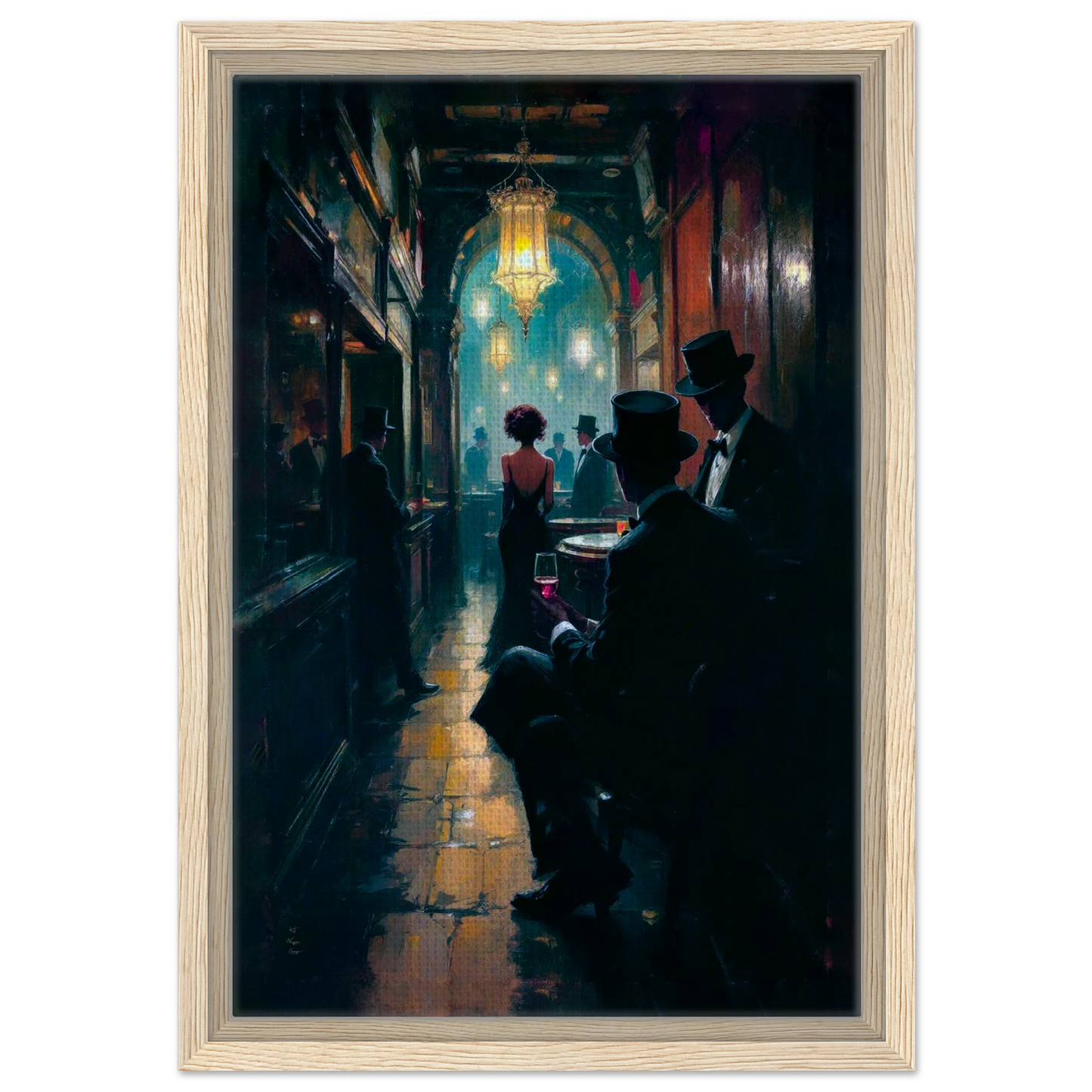 Prohibition Speakeasy Art Deco Print Light Wood Frame 30x45 cm 12x18″ Framed Canvas