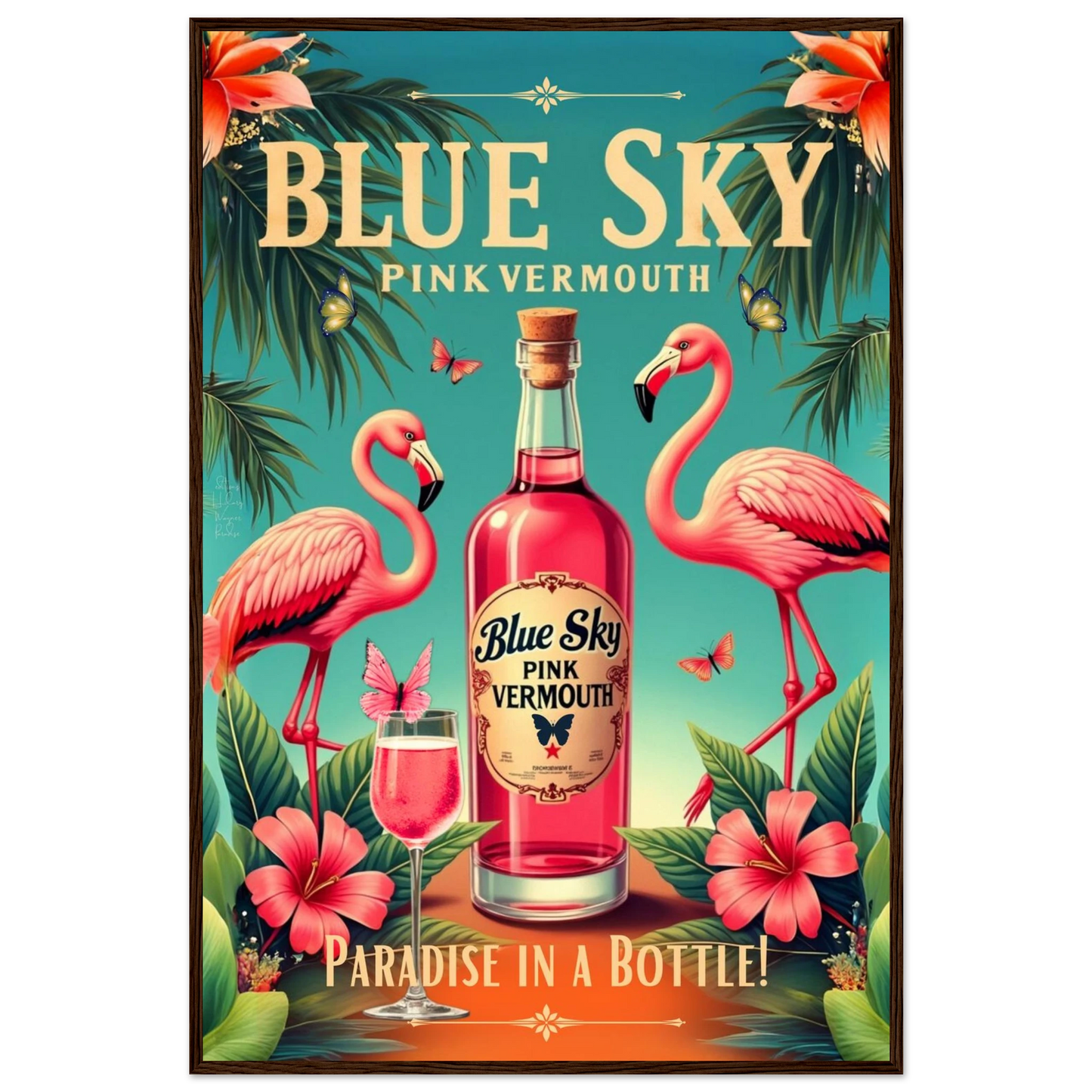 Vintage Pink Flamingo Tiki Bar Art Print 60x90 cm 24x36″ Premium Semi-Glossy Paper Wooden Framed Poster Dark Brown Wood Frame