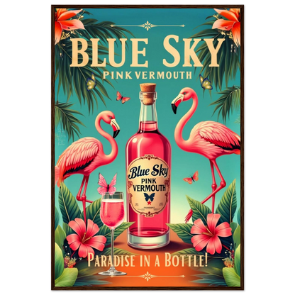 Vintage Pink Flamingo Tiki Bar Art Print 60x90 cm 24x36″ Premium Semi-Glossy Paper Wooden Framed Poster Dark Brown Wood Frame