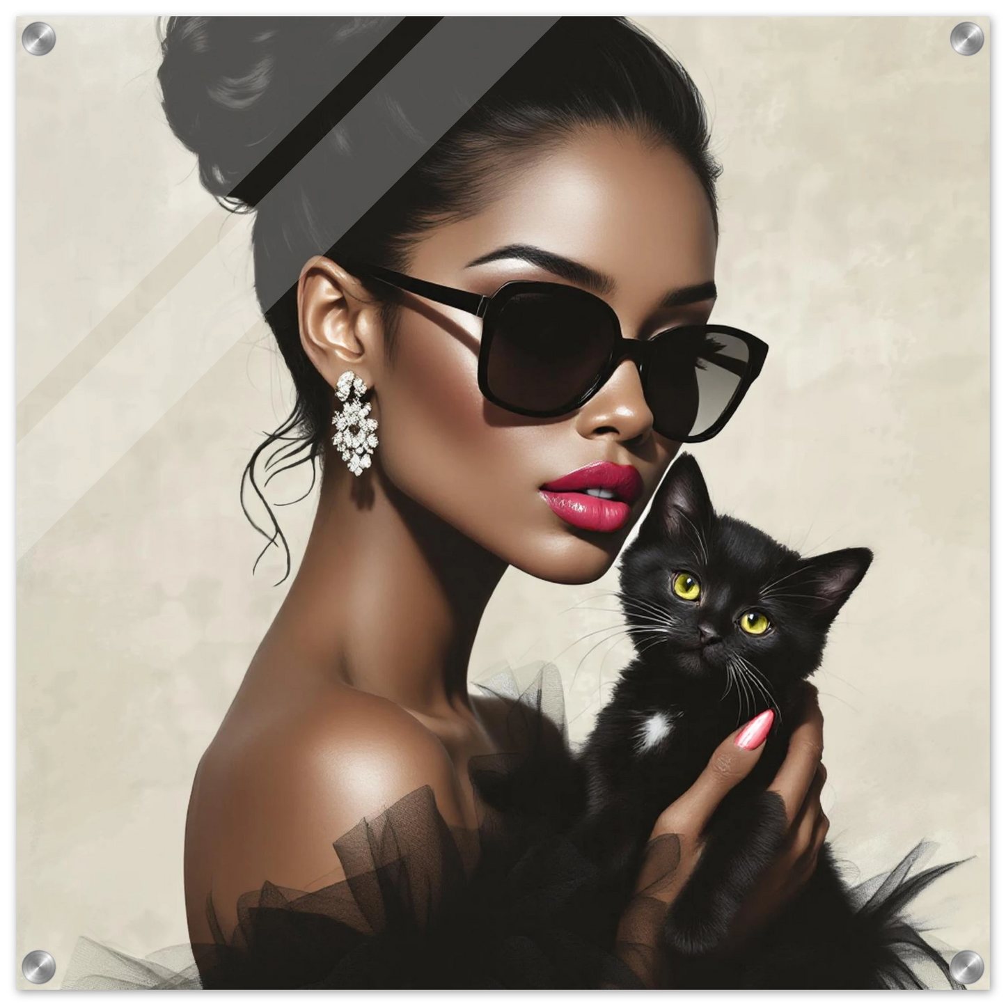 Retro Glam Fashion Model Kitten Art Print Sleek Acrylic Print 60x60 cm 24x24″