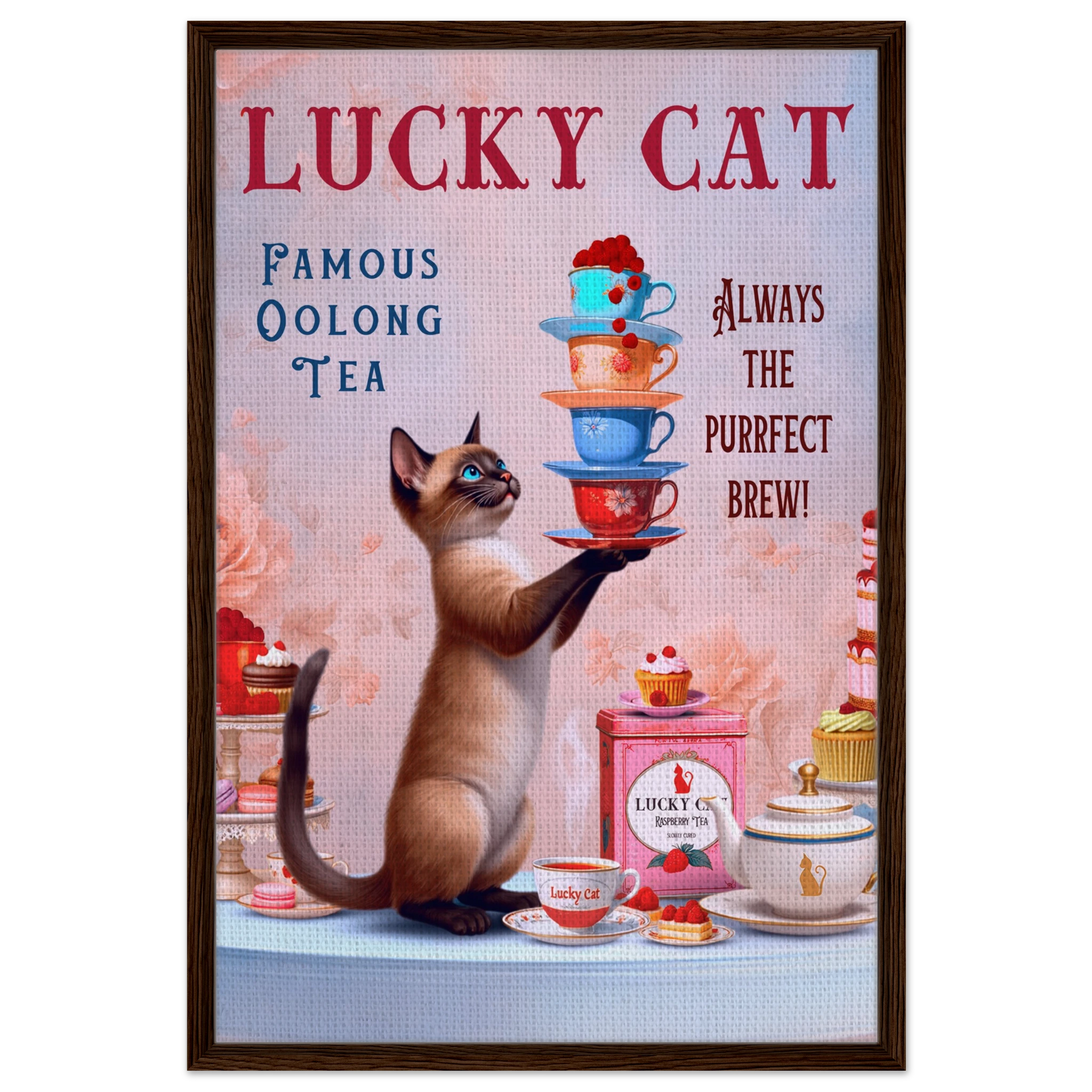Siamese Lucky Cat Vintage Tea Art Print 60x90 cm 24x36″ Framed Canvas Dark Brown Wood Frame