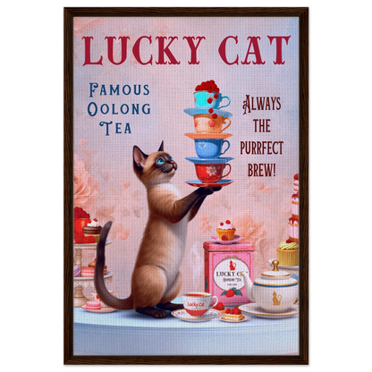 Siamese Lucky Cat Vintage Tea Art Print 60x90 cm 24x36″ Framed Canvas Dark Brown Wood Frame