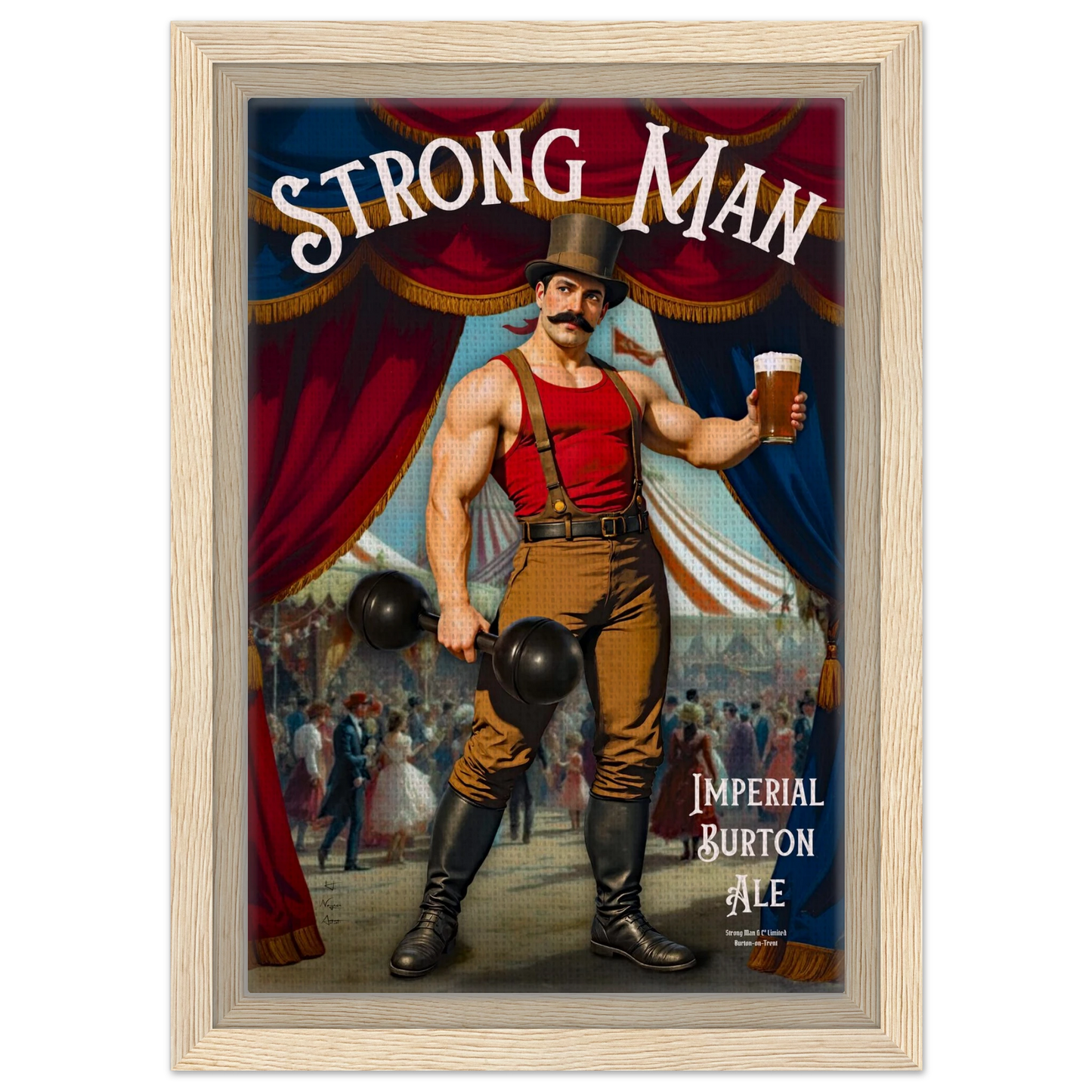 Vintage Victorian Circus Strongman Ale Art Print Light Wood Frame 20x30 cm 8x12″ Framed Canvas