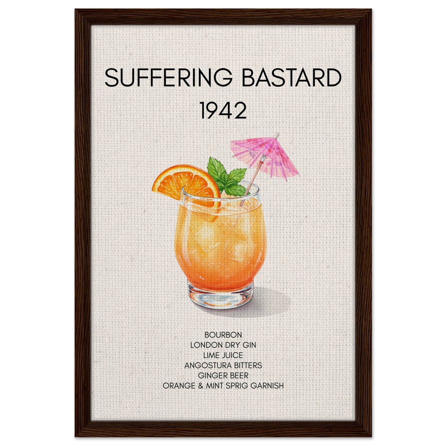 Suffering Bastard Tiki Cocktail Bar Poster Print Dark Brown Wood Frame 40x60 cm 16x24″ Framed Canvas