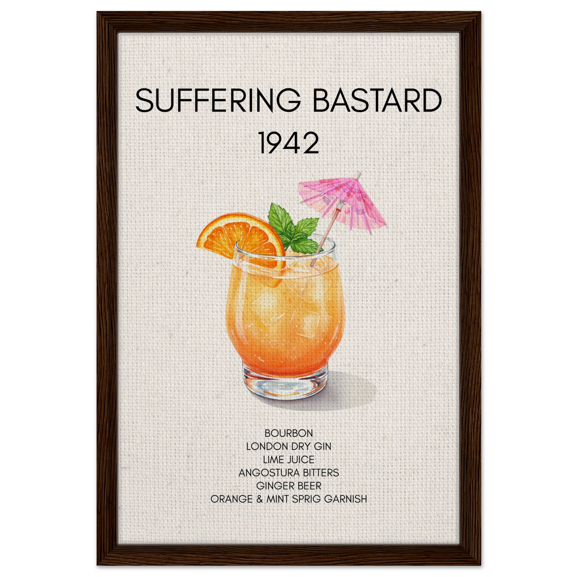 Suffering Bastard Tiki Cocktail Bar Poster Print Dark Brown Wood Frame 40x60 cm 16x24″ Framed Canvas