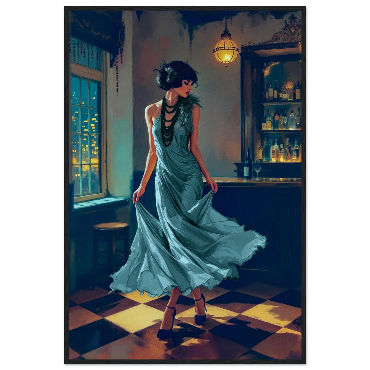 1920s Moonlit Flapper Speakeasy Art Print 60x90 cm 24x36″ Classic Matte Paper Wooden Framed Poster Black Wood Frame