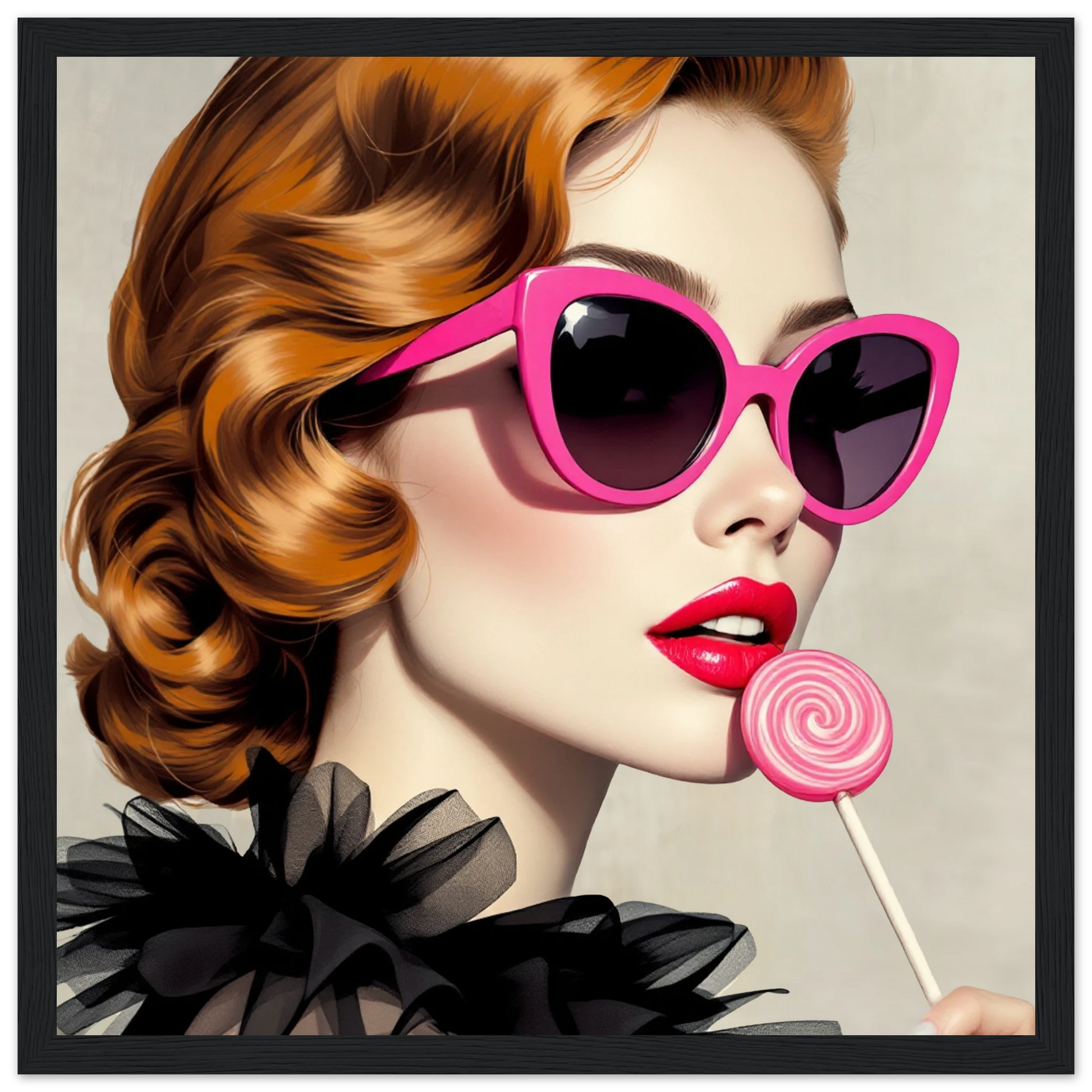 Retro Glam Fashion Model Lollipop Art Print Premium Matte Paper Wooden Framed Poster 30x30 cm 12x12″