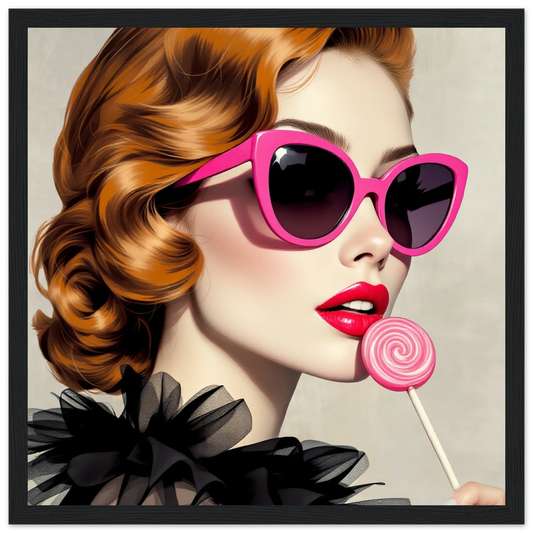 Retro Glam Fashion Model Lollipop Art Print Premium Matte Paper Wooden Framed Poster 30x30 cm 12x12″