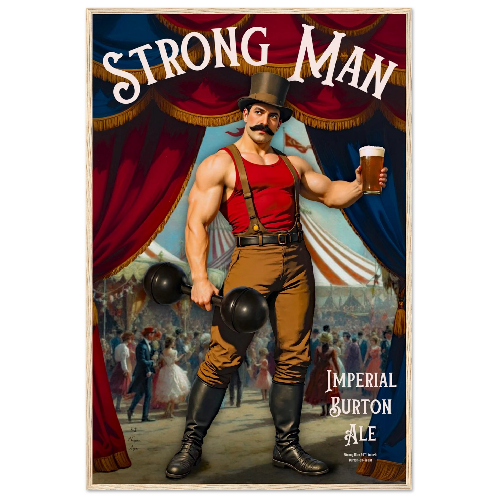 Vintage Victorian Circus Strongman Ale Art Print Light Wood Frame 60x90 cm 24x36″ Museum-Quality Matte Wooden Framed Poster