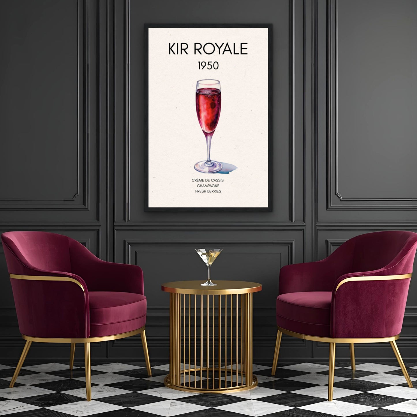 Kir Royale Champagne Cocktail Bar Poster Print Light Wood Frame 40x60 cm 16x24″ Premium Matte Paper Wooden Framed Poster