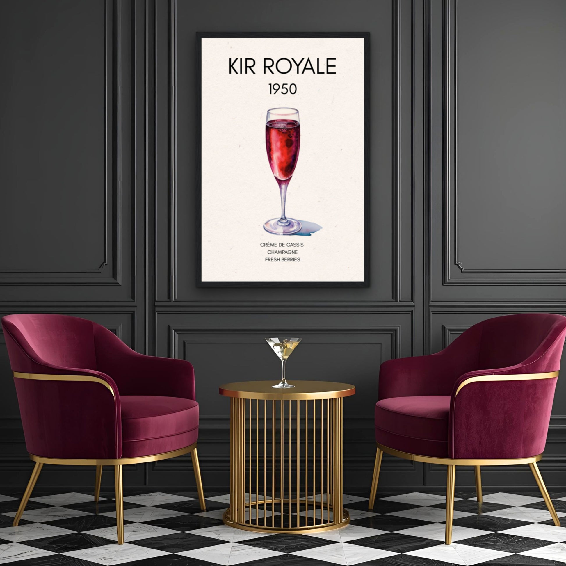 Kir Royale Champagne Cocktail Bar Poster Print Light Wood Frame 40x60 cm 16x24″ Premium Matte Paper Wooden Framed Poster
