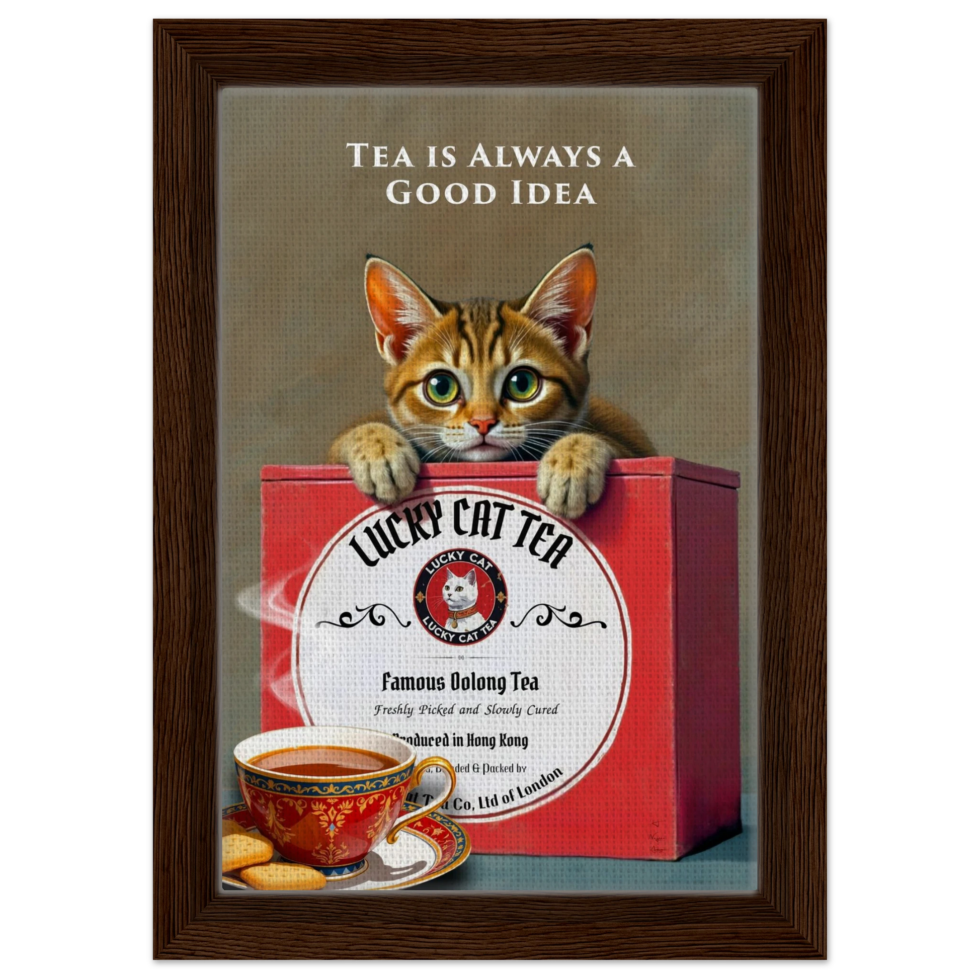 Tabby Lucky Cat Tea Vintage Kitchen Art Print Dark Brown Wood Frame 20x30 cm 8x12″ Framed Canvas
