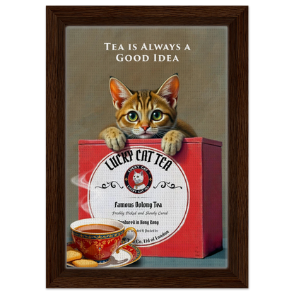 Tabby Lucky Cat Tea Vintage Kitchen Art Print Dark Brown Wood Frame 20x30 cm 8x12″ Framed Canvas