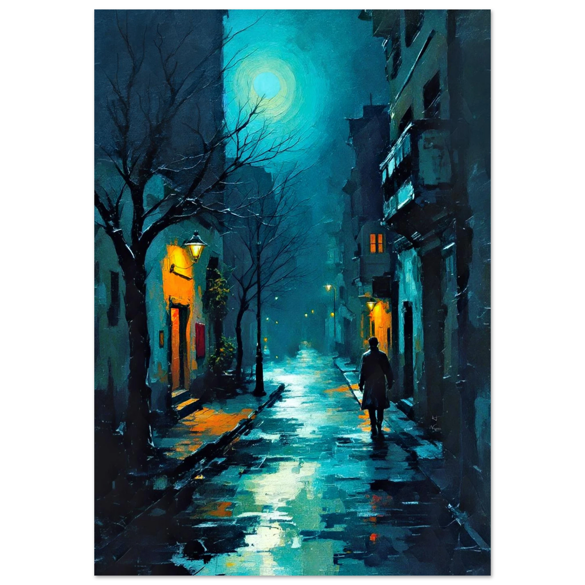Blue Moon Night Street Scene Art Print 70x100 cm 28x40″ Premium Matte Poster No Frame