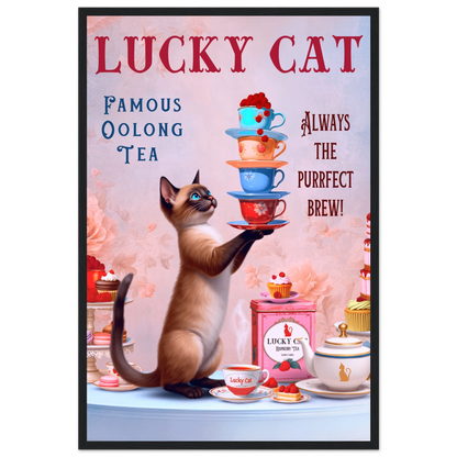 Siamese Lucky Cat Vintage Tea Art Print 40x60 cm 16x24″ Premium Matte Paper Wooden Framed Poster Black Wood Frame