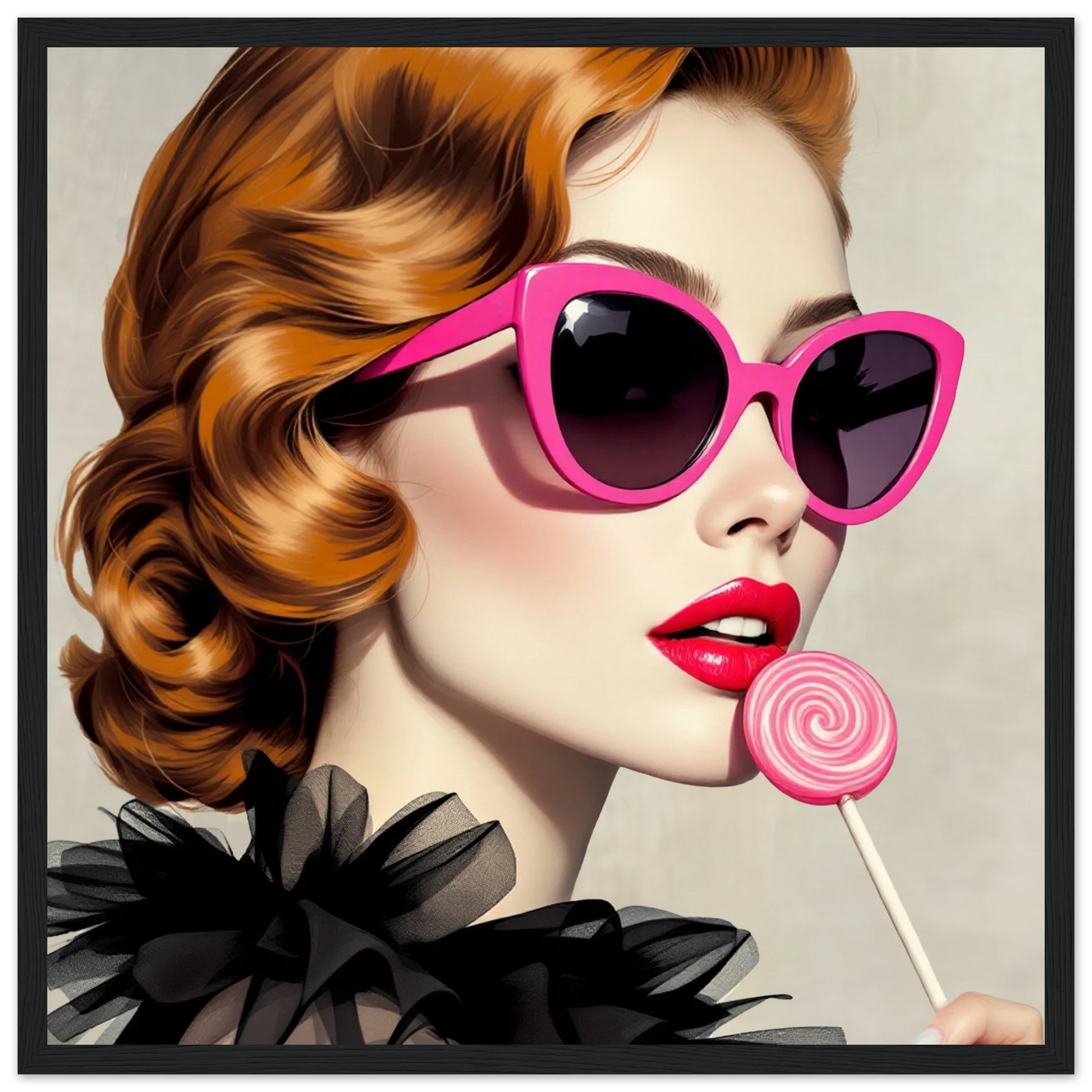 Retro Glam Fashion Model Lollipop Art Print Premium Matte Paper Wooden Framed Poster 40x40 cm 16x16″