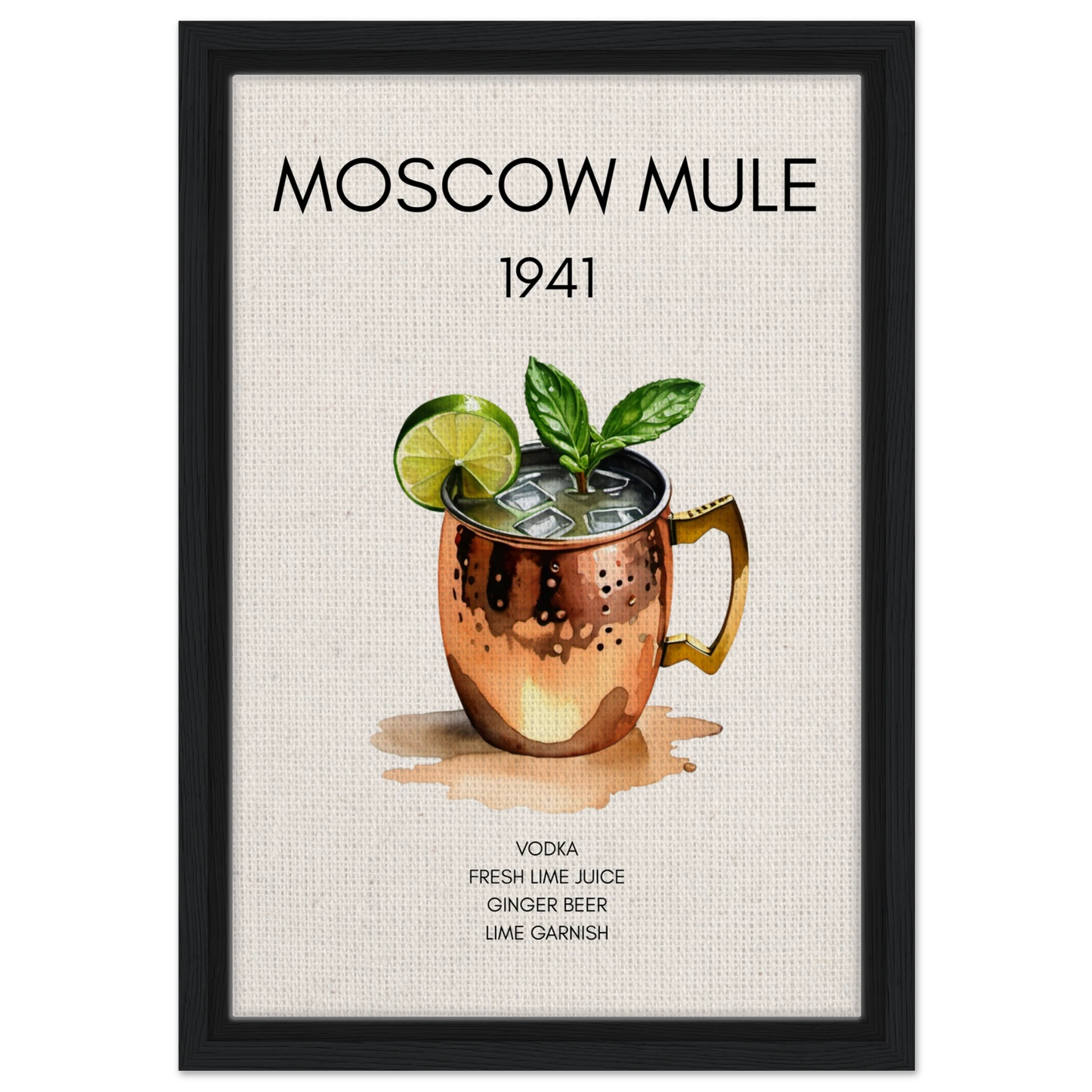 Moscow Mule Cocktail Bar Poster Print Black Wood Frame 30x45 cm 12x18″ Framed Canvas