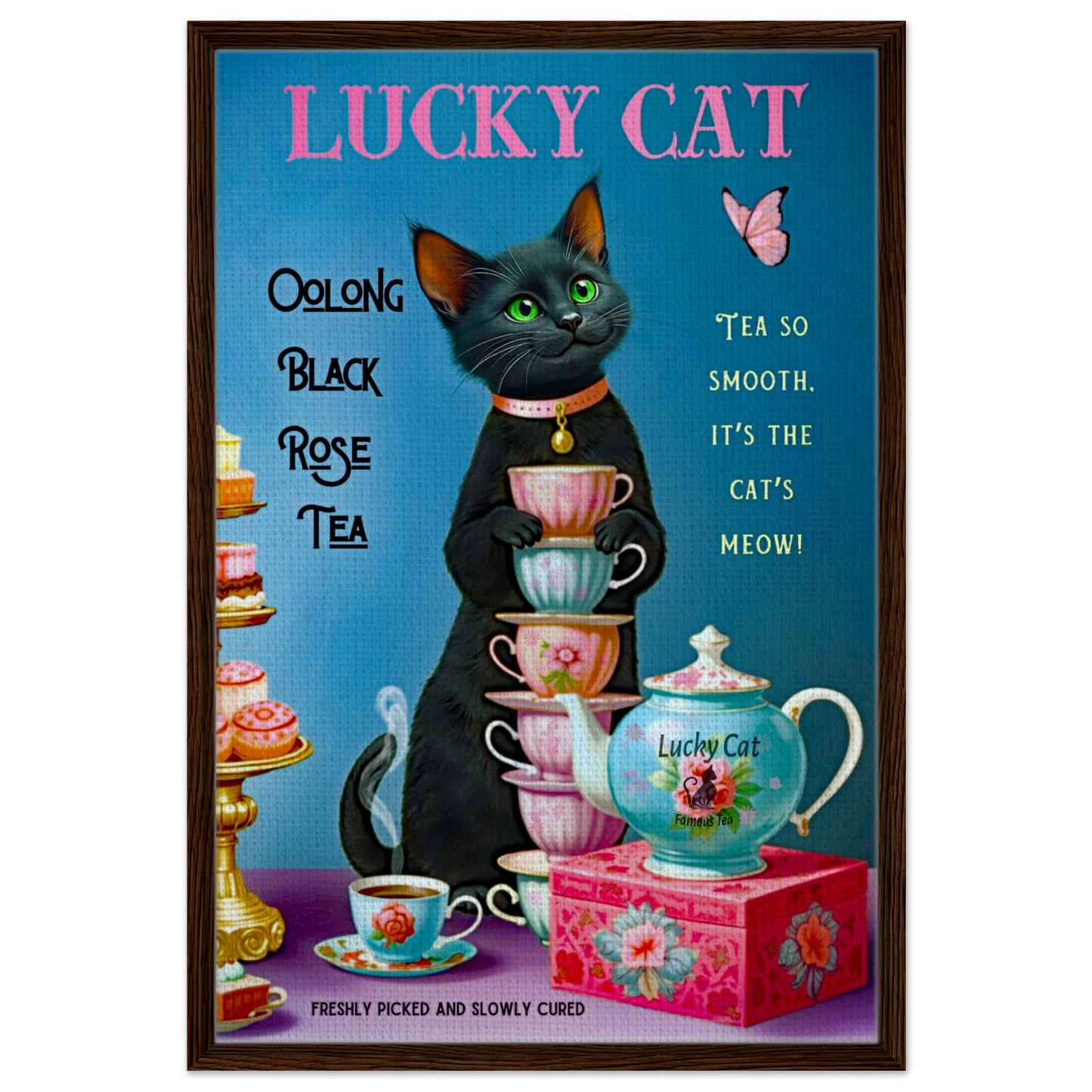 Lucky Cat Vintage Oolong Tea Art Print 60x90 cm 24x36″ Framed Canvas Dark Brown Wood Frame
