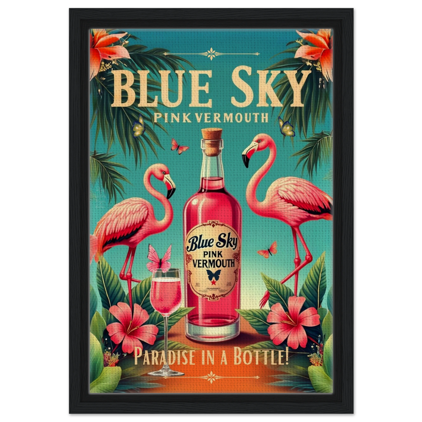 Vintage Pink Flamingo Tiki Bar Art Print 30x45 cm 12x18″ Framed Canvas Black Wood Frame