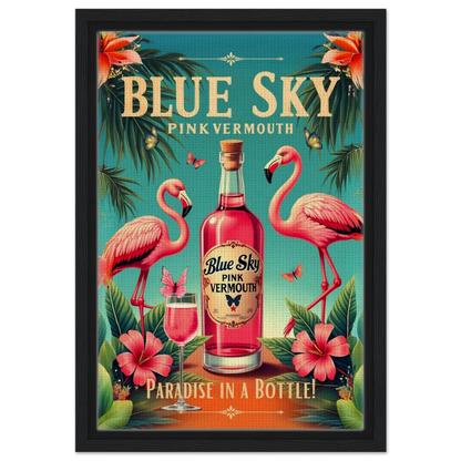 Vintage Pink Flamingo Tiki Bar Art Print 30x45 cm 12x18″ Framed Canvas Black Wood Frame