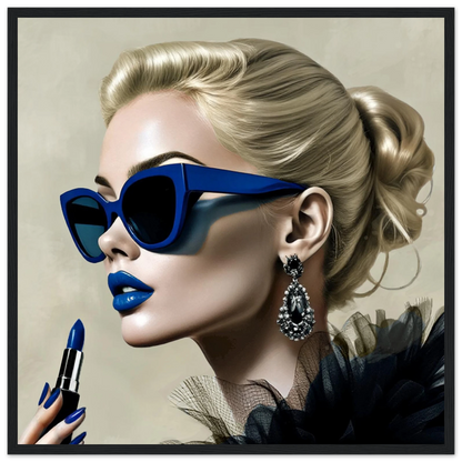 Retro Fashion Model Blue Lipstick Art Print 50x50 cm 20x20″ Premium Matte Paper Wooden Framed Poster