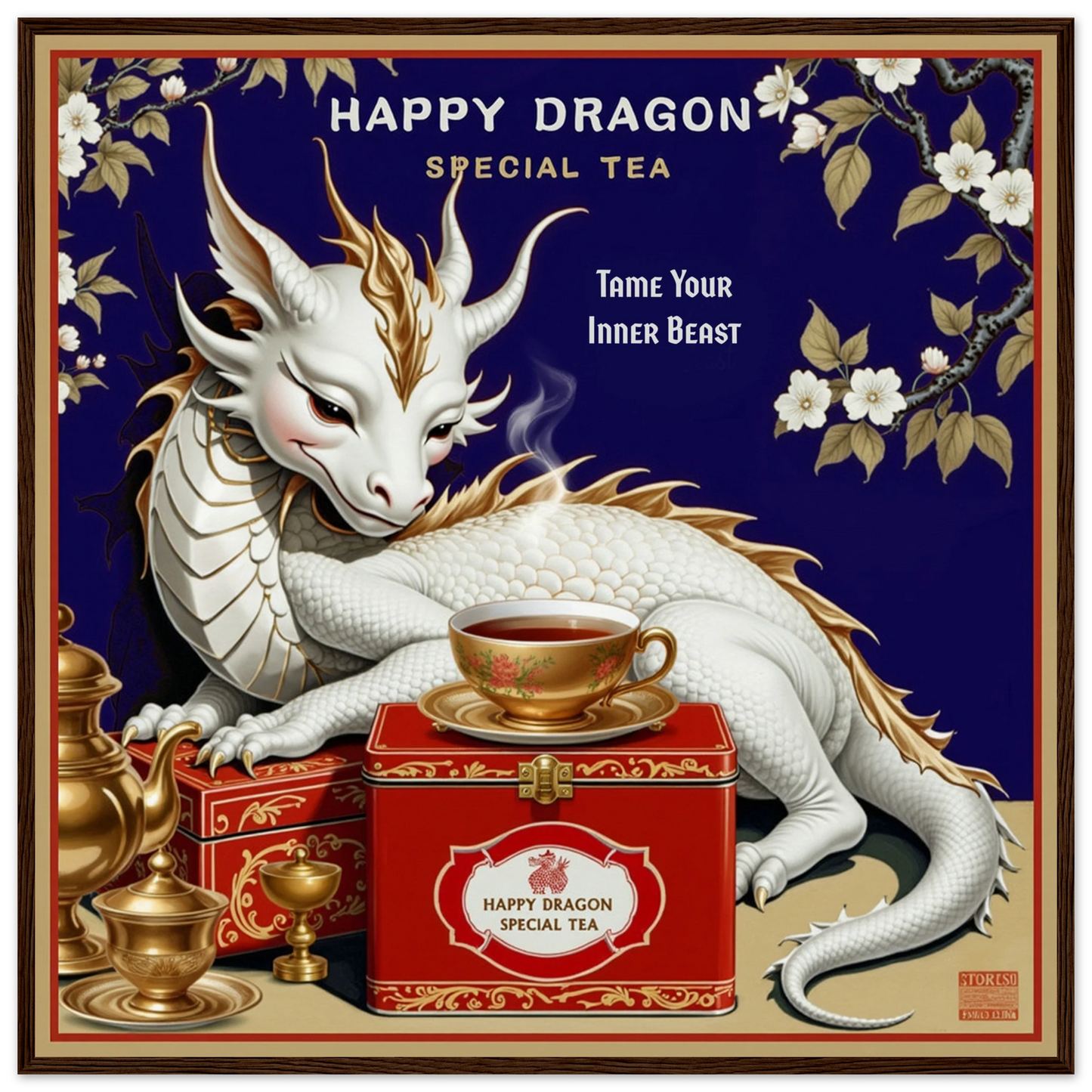 Happy Dragon Tea Art Print 70x70 cm 28x28″ Museum-Quality Matte Paper Wooden Framed Poster Dark Brown Wood Frame