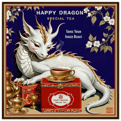 Happy Dragon Tea Art Print 70x70 cm 28x28″ Museum-Quality Matte Paper Wooden Framed Poster Dark Brown Wood Frame