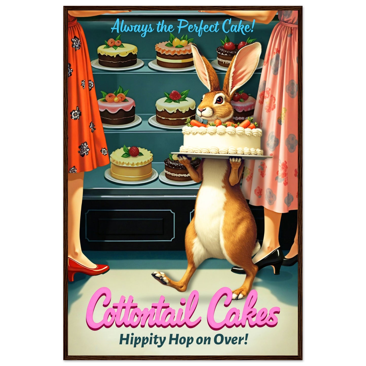Cottontail Cakes 1950s Rabbit Art Print 60x90 cm 24x36″ Classic Matte Framed Poster - Dark Brown Wood
