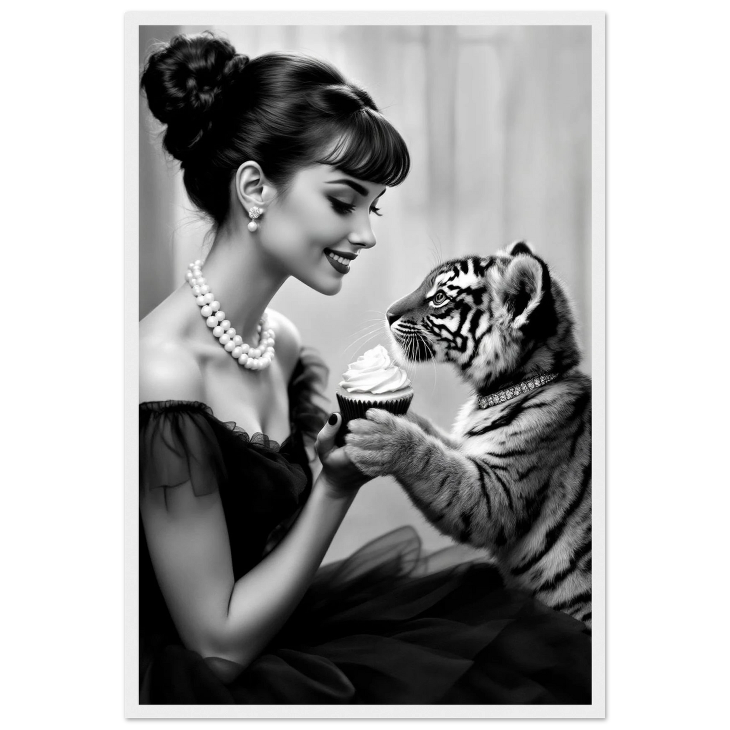 Audrey Hepburn Tiger Cub Art Print White Wood Frame 40x60 cm 16x24″ Premium Matte Paper Wooden Framed Poster
