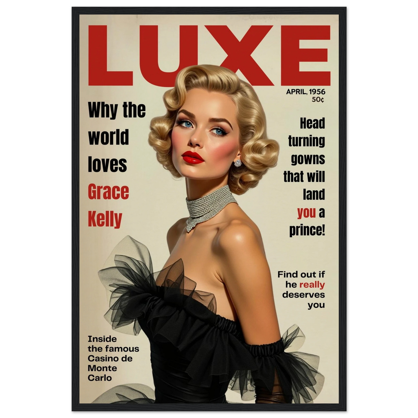 Grace Kelly Hollywood Glam Magazine Art Print Black Wood frame 40x60 cm 16x24″ Museum-Quality Matte Framed Poster