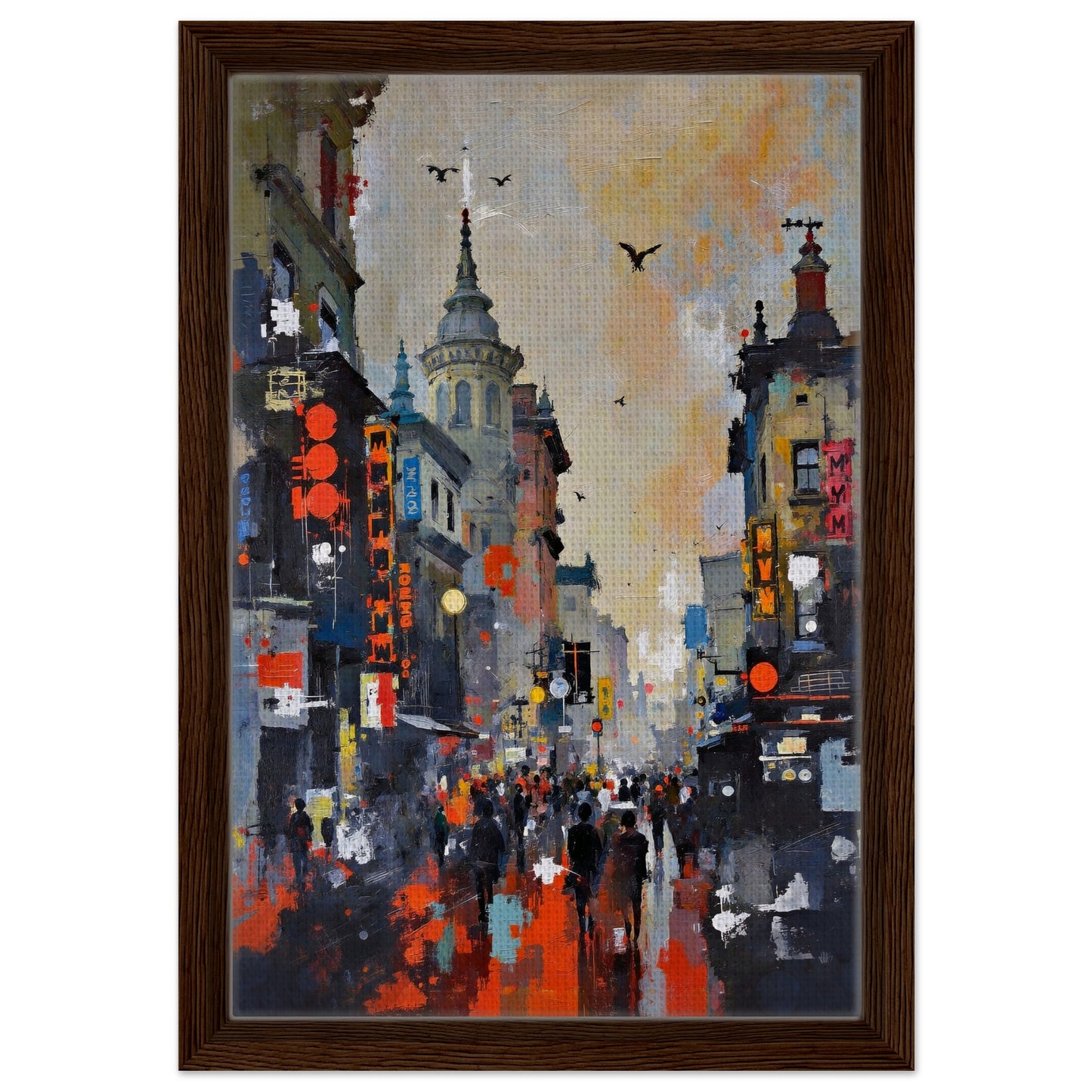 Gothic City Street Art Print - European Cityscape 30x45 cm 12x18″ Classic Matte Framed Poster - Black Wood