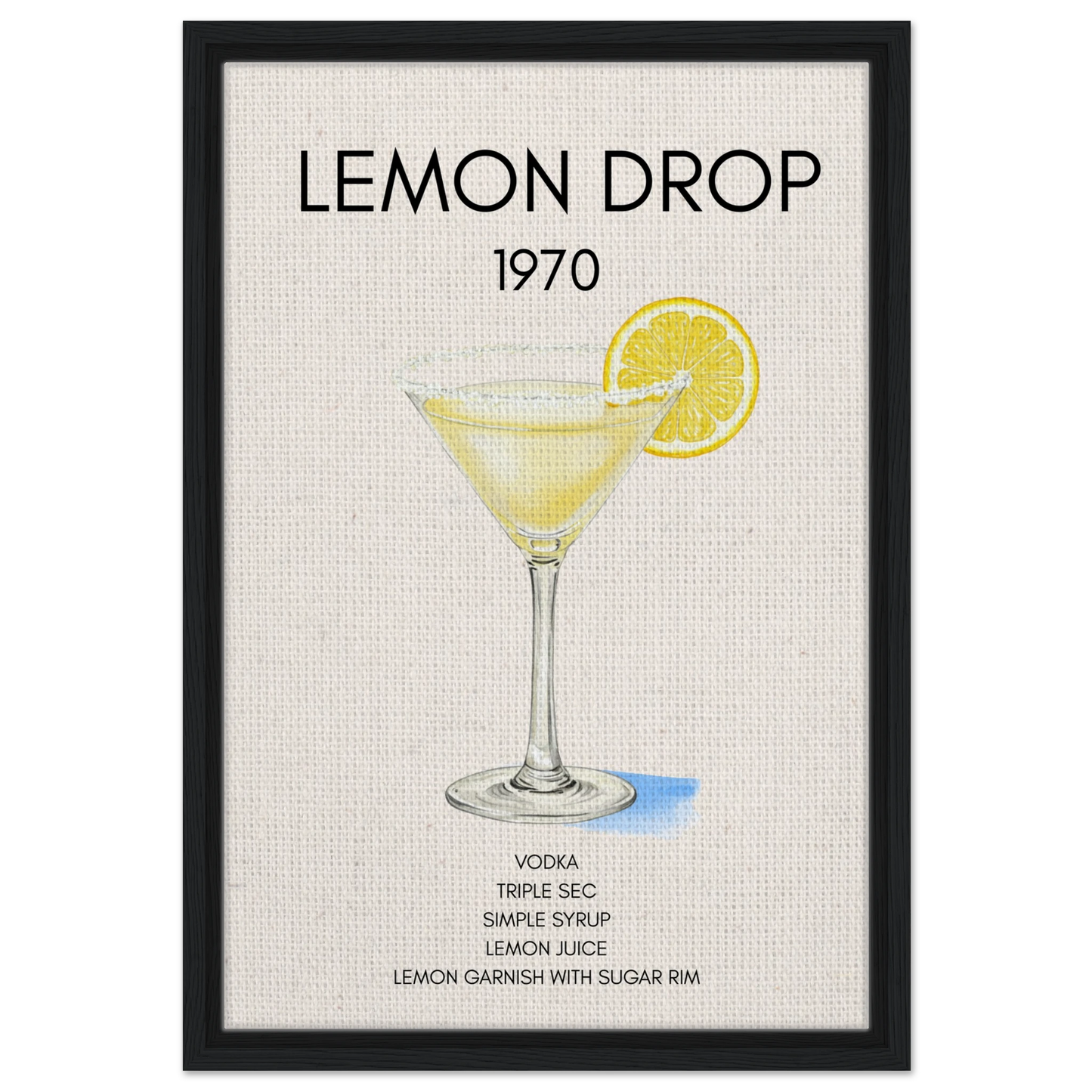 Lemon Drop Martini Cocktail Bar Poster Print Black Wood Frame 40x60 cm 16x24″ Framed Canvas