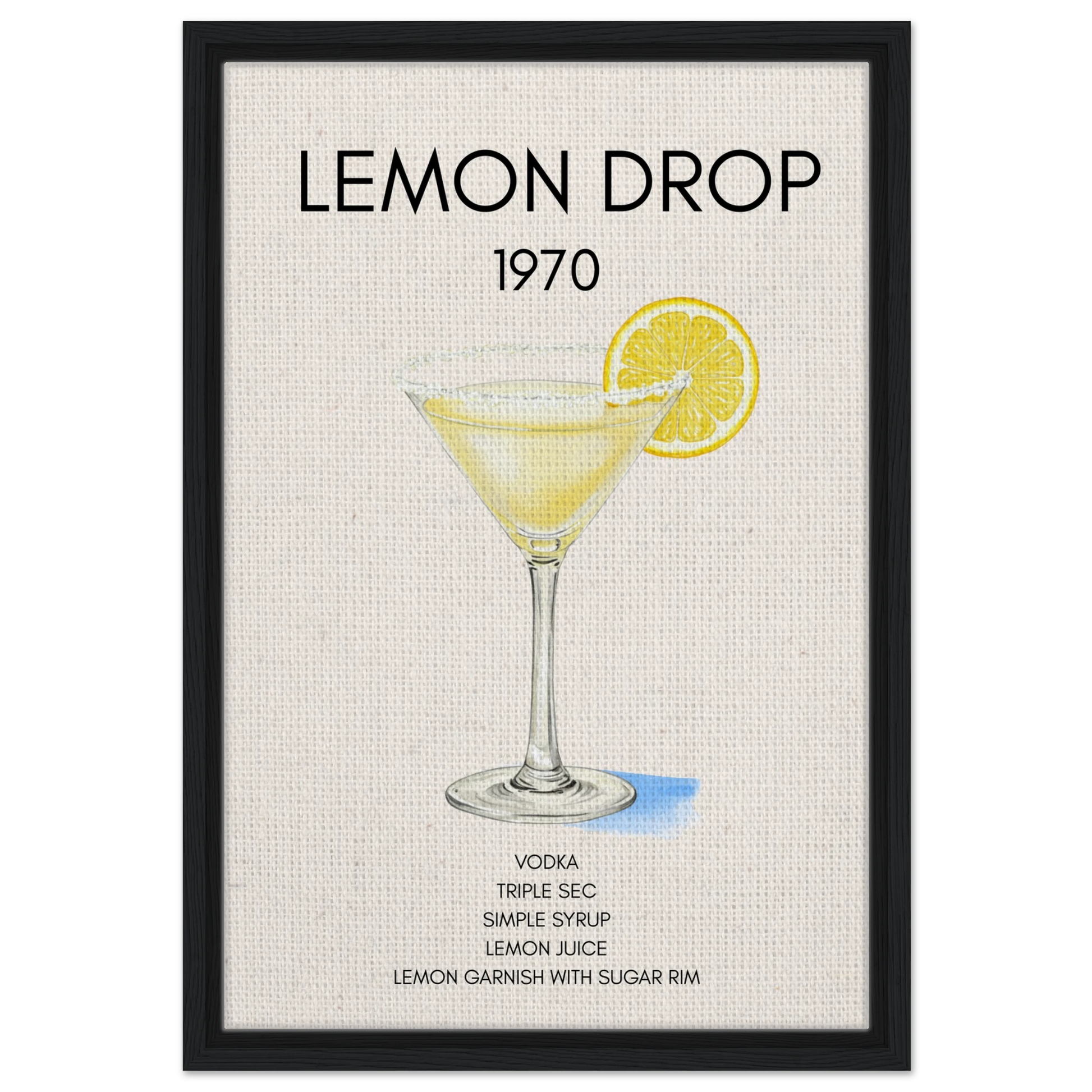 Lemon Drop Martini Cocktail Bar Art Print Black Wood Frame 40x60 cm 16x24″ Framed Canvas
