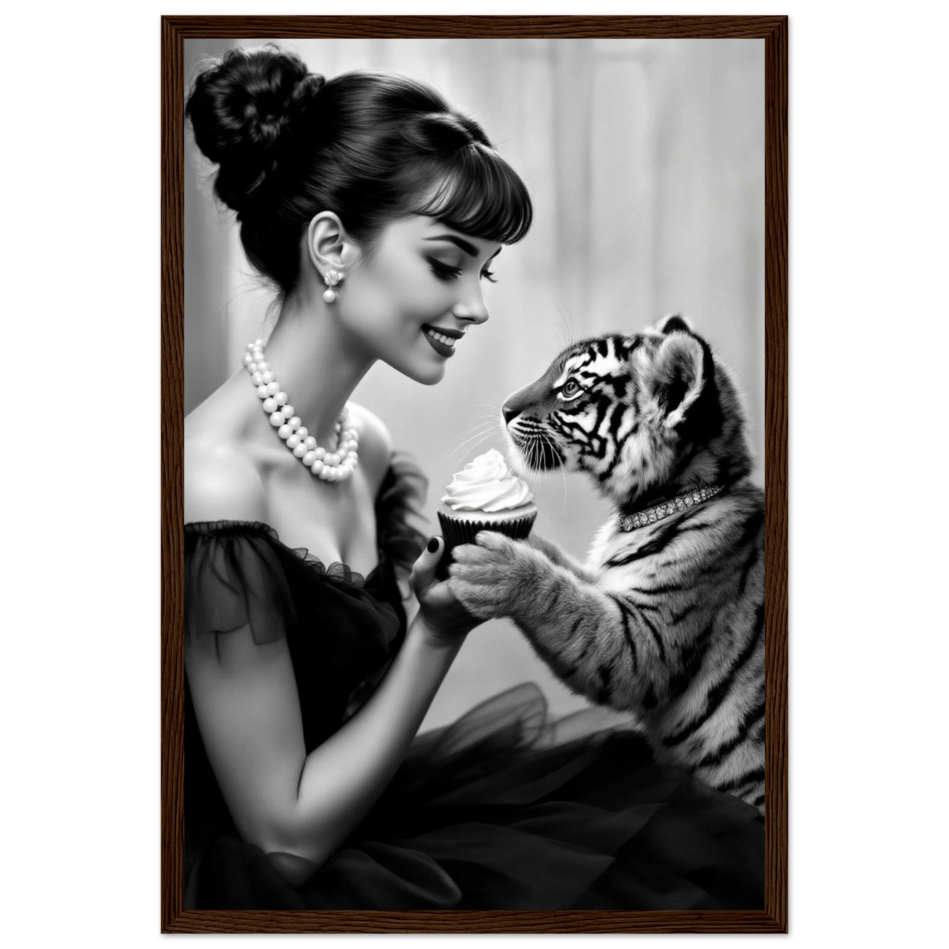 Audrey Hepburn Tiger Cub Art Print Dark Brown Wood Frame 30x45 cm 12x18″ Classic Matte Paper Wooden Framed Poster
