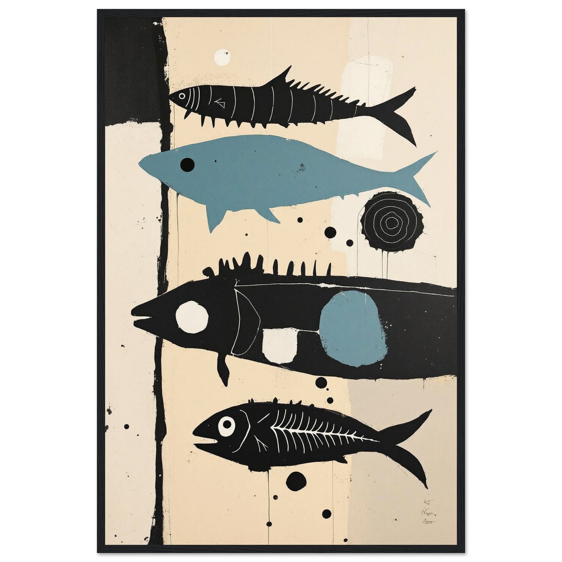 Mid-Century Modern Fish Art Poster Print – Framed Abstract Neutral Wall Decor Black Wood Frame 40x60 cm 16x24″ Framed Canvas