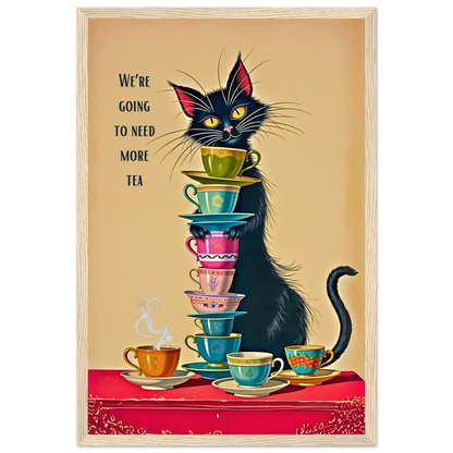 Quirky Cat Funny Tea Art Print 30x45 cm 12x18″ Classic Matte Paper Wooden Framed Poster Light Wood Frame