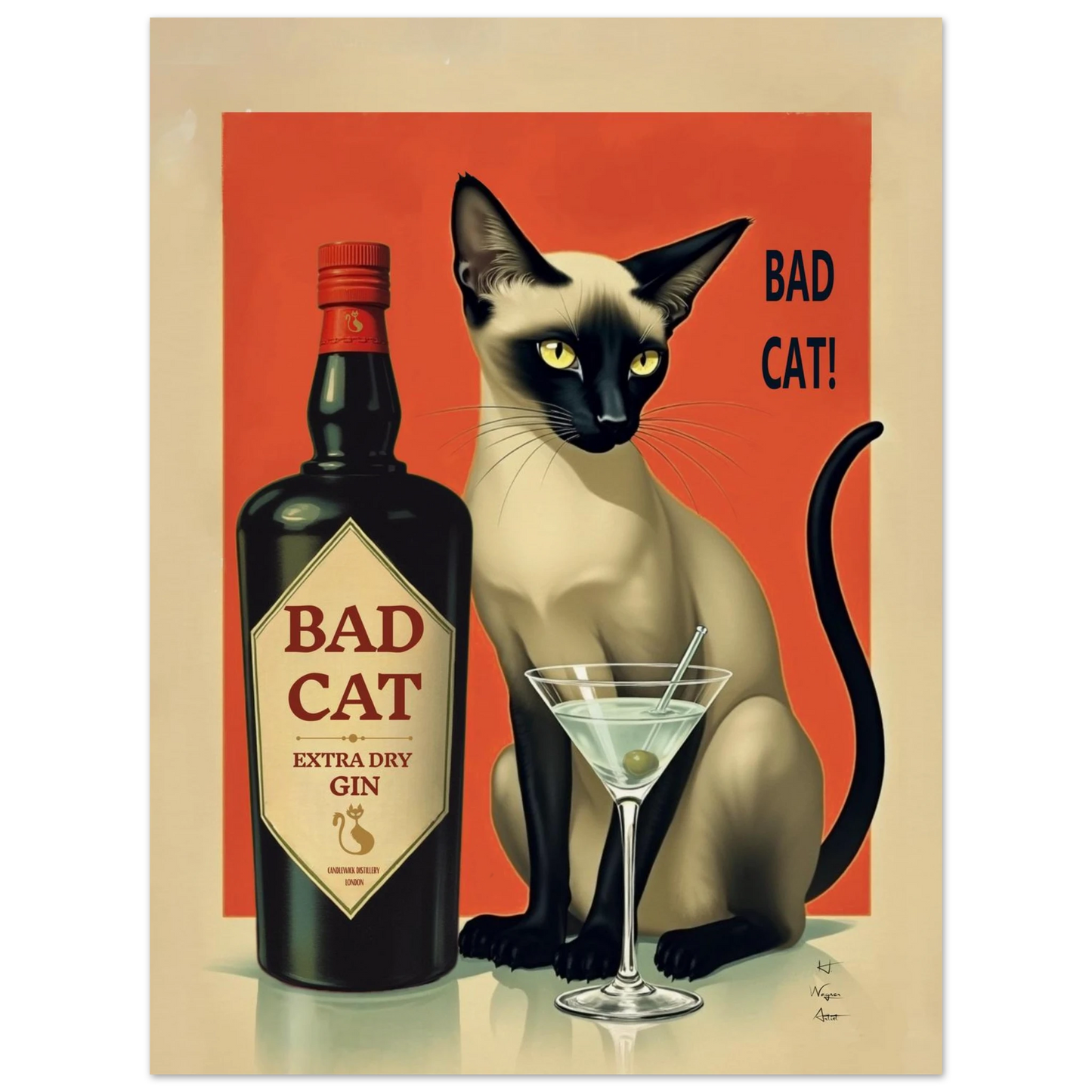 Siamese Cat Gin Martini Cocktail Art Print 30x40 cm 12x16″ Museum-Quality Matte Paper Poster No Frame